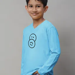 Friskers Boys Turquoise Blue Typography Printed V-Neck Applique T-shirt image 3