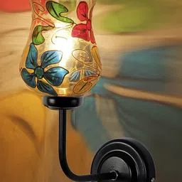 Devansh Blue & Red Floral Mosaic Glass Shade Wall Mounted Lamp with Iron Base image 5