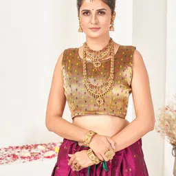 SHOPGARB Pink & Green Embellished Semi-Stitched Lehenga & Unstitched Blouse With Dupatta image 5