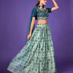 SHOPGARB Blue & White Embellished Mirror Work Semi-Stitched Lehenga & Unstitched Blouse With Dupatta image 3