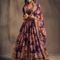 FABPIXEL Purple & Pink Embroidered Sequinned Shibori Semi-Stitched Lehenga & Unstitched Blouse With Dupatta image 5