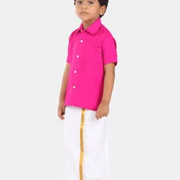 Sethukrishna Boys Pink & White Shirt & Veshti Set image 4