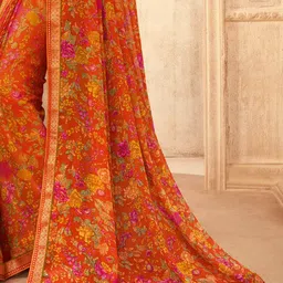 Anouk Orange & Red Floral Printed Zari Pure Chiffon Saree image 4