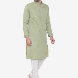 Manu Men Olive Green & White Embroidered Kurta with Churidar image 2