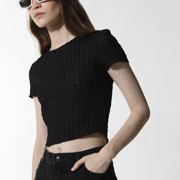 only Women Self Design Round Neck Polyester Black T-Shirt-picture-13