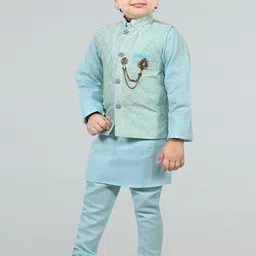 BT DEZINES Boys Floral Regular Raw Silk Mandarin Collar Kurta with Pyjama With Waistcoat image 3