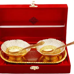 indianartvilla Silver Plated Serving Bowl Dessert Bowl Embossed Flower Design 2 Bowl with 2 Spoon & 1 Tray, Gift Item-picture-26