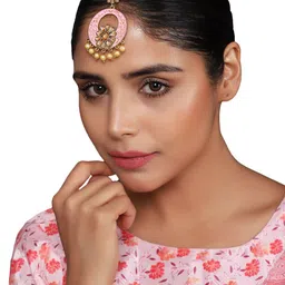 ANIKAS CREATION Gold-Plated & Pink Stone-Studded Enamelled Maang Tikka image 3