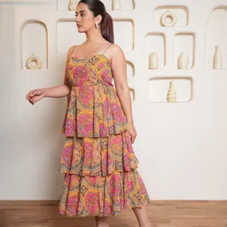 purvaja Women Layered Yellow, Multicolor Midi/Calf Length Dress image 5