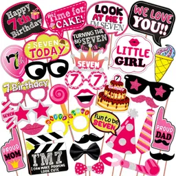 Seventh Birthday Photo Booth Party Props Pink ,7th Birthday Decorations for Girl Photo Booth Board-image-1