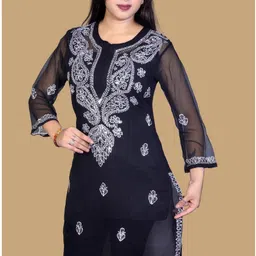 hahatcloset Women Chikan Embroidery Georgette Straight Kurta image 2