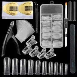 thr3e strokes Nail Form Kit 10 Sizes Coffin Ballerina Acrylic Nail Molds for Poly Extension Gel, 100 Nail Forms, 10 Nail Silk and Reusable Nail Clips for Gel Nail Art Design Salon Home (BLACK) image 1