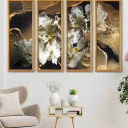 999store White Flowers Multicolour Canvas Framed Floral Art Panel Set of 4 image 1