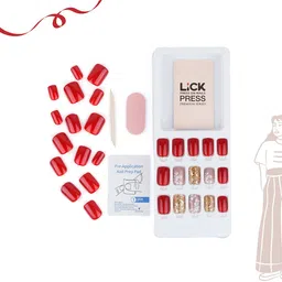 LICK 30 Pcs Glossy Glitter & Flower Print Fake nails-Artificial Nails-Press On Nails - Red image 4