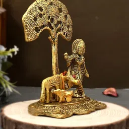 Ascension Gold Toned Lord Krishna With Cow & Calf Textured Metal Idol Showpiece image 3
