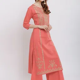 Vishudh Women Coral & Gold-Toned Printed Kurta with Palazzos image 3