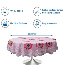 Dakshya Industries Pink Tulip Flower Woven Design 4 Seater Round Cotton Table Cover image 3