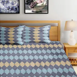 FABINALIV Blue & Beige Geometric 300 TC Fitted King Bedsheet With 2 Pillow Covers image 3