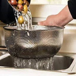 arkit Rice Bowl Stainless Steel Filter Colander Fruit Vegetable Washing Baskets Strainer Drainer with Handle Kitchen Tools Strainer (Silver Pack of 1) Collapsible Colander image 3
