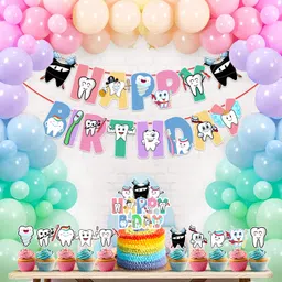 zyozi Tooth Theme Birthday Decoration Set With Banner,Balloons,Cake Topper(Pack Of 37)-picture-10
