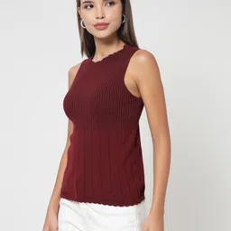kalt Casual Sleeveless Self Design Women Maroon Top image 3