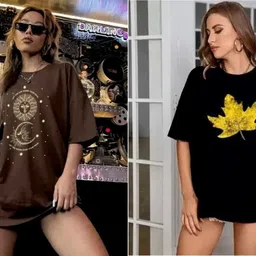requin Pack of 2 Women Printed Round Neck Cotton Blend Black, Brown T-Shirt-picture-10