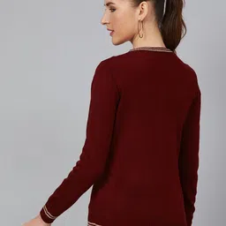 Cayman Women Maroon Solid Cardigan Acrylic Sweater With Contrast Stripe Detail image 5