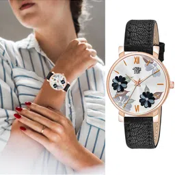 SWADESI STUFF Women Black Printed Dial & Black Leather Straps Analogue Watch FLOWER BLACK image 4