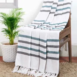 Grey And Teal Green Cotton And Chenille Stripped 49X60 Inches Throw-image-0
