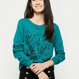 max Women Printed Round Neck Pure Cotton Green T-Shirt image 1