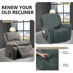 Cortina Grey Solid Jacquard Stretchable One Seater Recliner Cover image 4