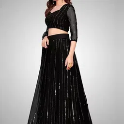 Fashionuma Black Embroidered Sequinned Semi-Stitched Lehenga & Unstitched Blouse With Dupatta image 4