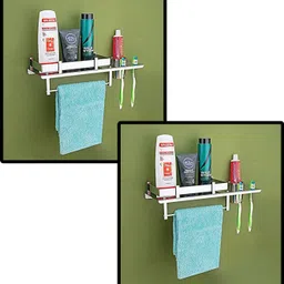 3 in 1 Multipurpose Bathroom Shelf, Tumbler Holder- (15 x 5 Inches) Stainless Steel Wall Shelf-image-42