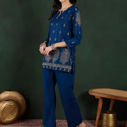 Sangria Self Design Round Neck Three Quarter Sleeves Tunic & Trouser image 3