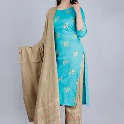 MAUKA Women Sea Green Ethnic Motifs Printed Kurta with Palazzos & With Dupatta image 2