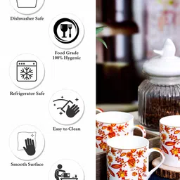 SONAKI White & Orange 6 Pieces Floral Printed Bone China Glossy Mugs 280ml Each image 4