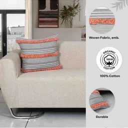 Ode & Cleo Grey & Orange Colored Embroidered Pure Cotton Square Cushion Cover image 2