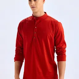 Red Flame Mandarin Collar Long Sleeves Straight Cotton Kurta image 4