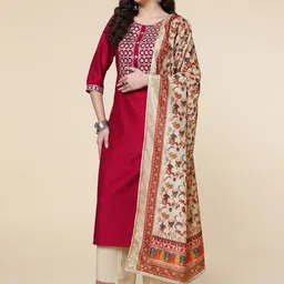HERE&NOW Women Embroidered Thread Work Kurta With Trousers & Dupatta image 4