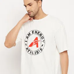 ATHLISIS Men White & Red Typography Printed Bio Finish Applique OversizedT-shirt image 4