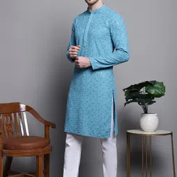 Jompers Floral Embroidered Sequinned Pure Cotton Straight Kurta With Pyjamas image 3