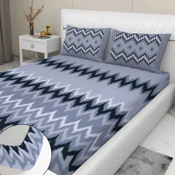 RD TREND Grey & Black Printed 210 TC Pure Cotton Fitted King Bedsheet & 2 Pillow Covers image 5