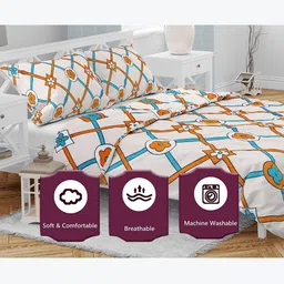 AAZEEM White & Blue Geometric Printed 210 TC Queen Bedsheet with 2 Pillow Covers image 4
