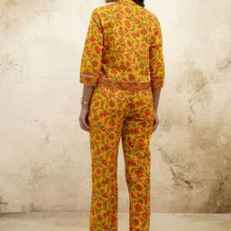 mokshi Floral Printed Shirt Collar Pure Cotton Top With Trousers image 2