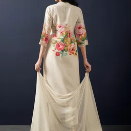 Indo Era Floral Printed Beads and Stones Linen Straight Kurta with Trousers & Dupatta image 4