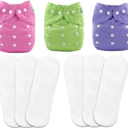 aldeco [Pack of 3 Pocket Cloth Diaper with 6 White Insert Pad] / Washable Baby Cloth Diaper / Reusable Nappy for Kids of age (0-24 months) (Multicolor)-picture-24