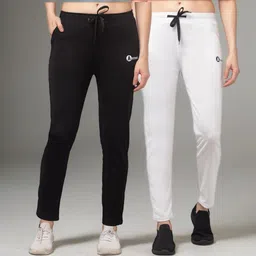 unique look Pack of 2 Women Solid, Self Design Black, White Track Pants image 1