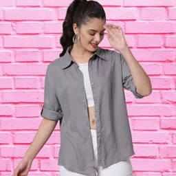 funday fashion Women Boxy Fit Solid Spread Collar Casual Shirt-picture-27