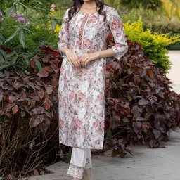 all about you Off White & Peach Mirror Work Floral Printed Cotton Straight Kurta image 5