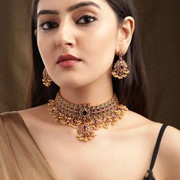 Rubans 24K Gold Plated Handcrafted Ruby Stone & Gold Pearls Studded Choker Set-picture-0